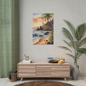Maui Hawaii Watercolor Art Print, Tropical Beach Wall Decor, Hawaiian Seascape Painting, Palm Tree Landscape Poster, Coastal Sunset Print image 3