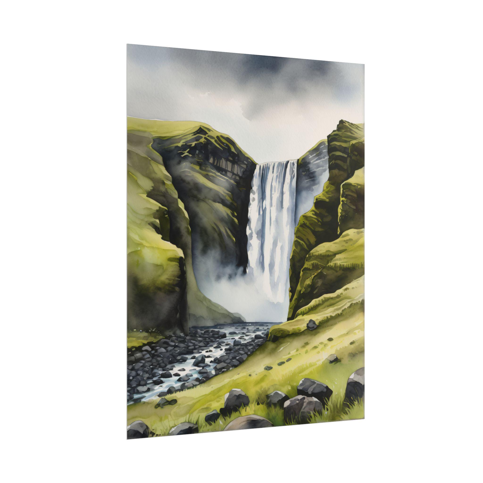 Iceland Watercolor Art Print – Skogafoss Waterfall Painting, Icelandic ...