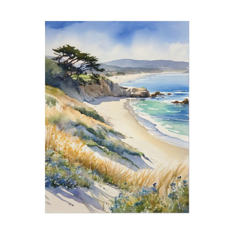 Carmel Beach Art Print, California Coast Landscape Painting, Pebble Beach Wall Art, Big Sur Watercolor, Coastal Decor, Travel Poster Bild 1