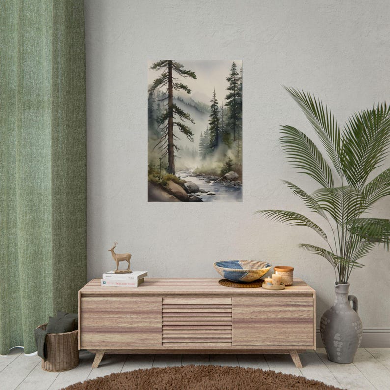 Mountain River Watercolor Painting, Pine Forest & Misty Landscape Art Print, Blue Green Wall Decor, Minimalist Nature Wall Art image 3