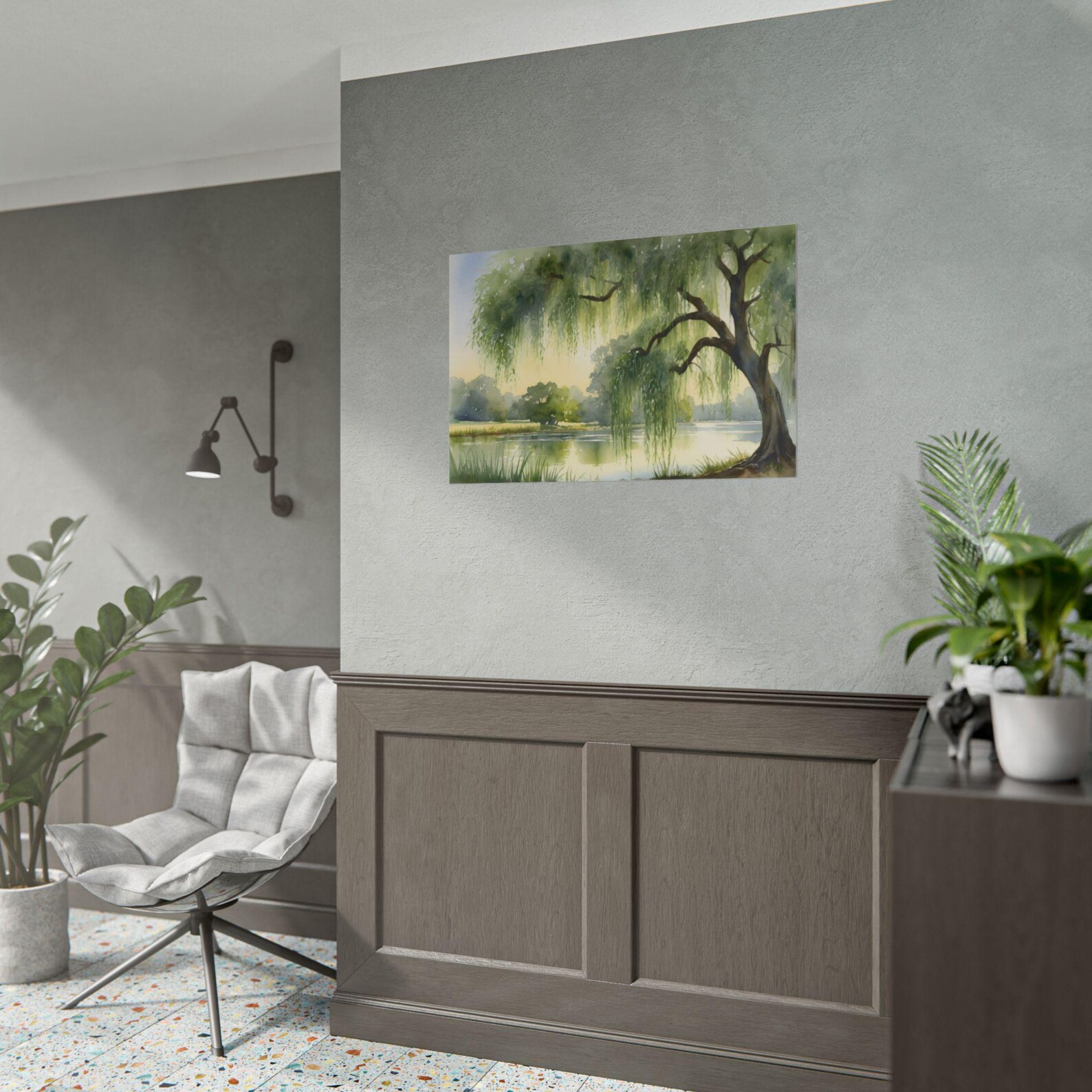 Willow Tree Watercolor Art Print, Lakeside Landscape Painting, Weeping ...