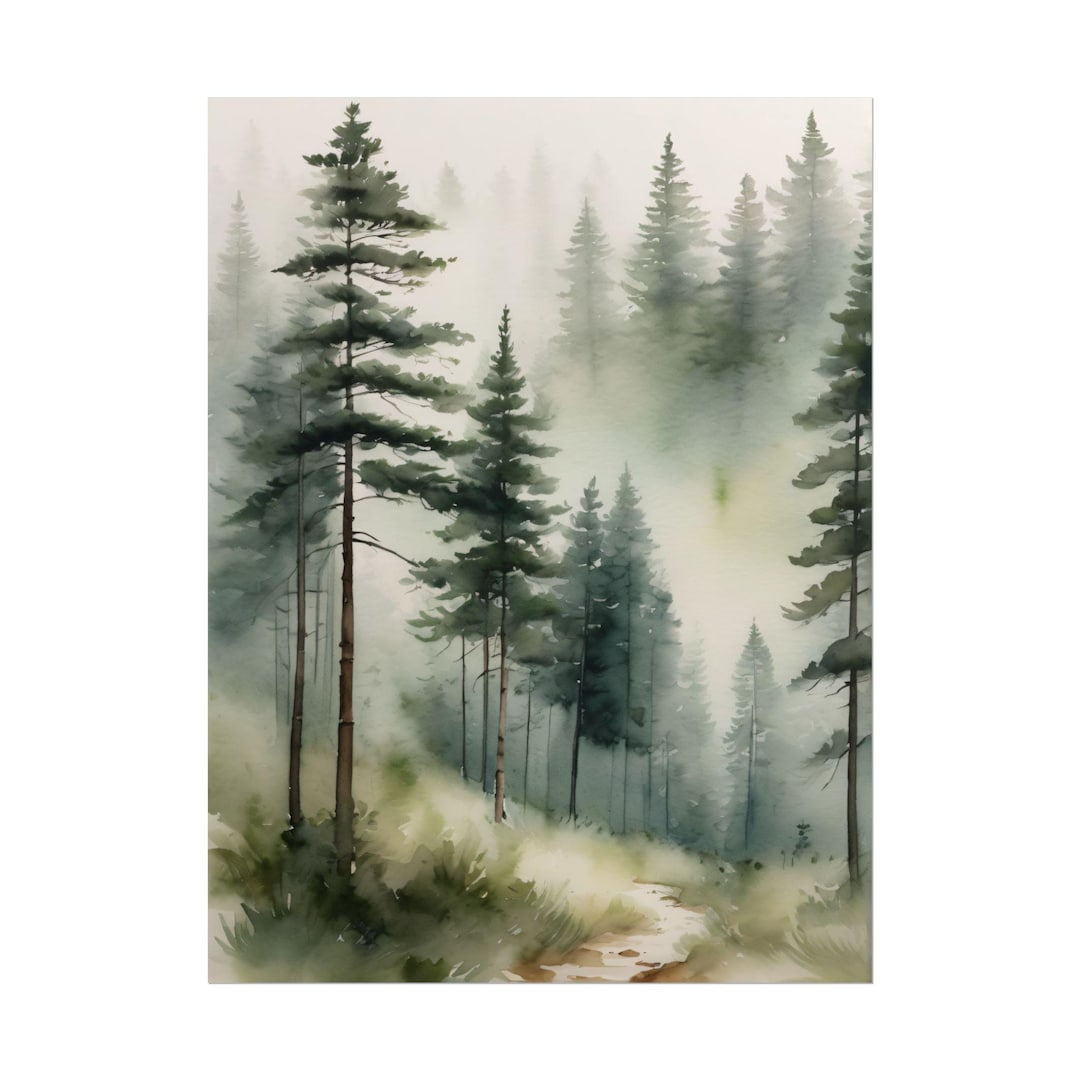 Watercolor Foggy Pine Forest Print – Misty Woodland Landscape Painting ...