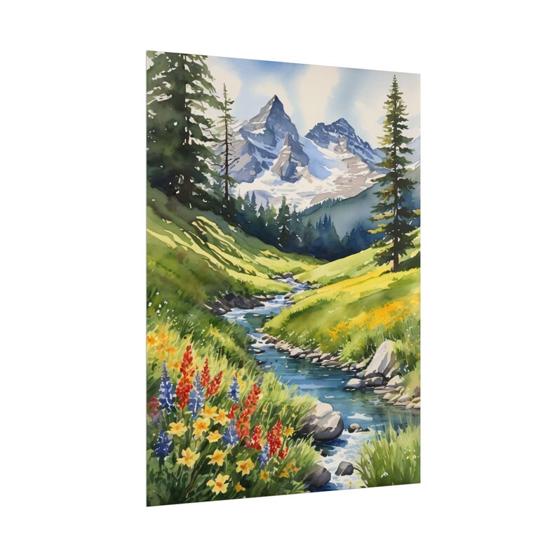 Watercolor Swiss Alps Print – Switzerland Mountain Stream Painting, Scenic River Landscape Poster, European Travel Art, Alpine Wall Decor afbeelding 4