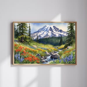 May include: Watercolor painting of a mountain range with a snow-capped peak, a stream flowing through a meadow with wildflowers in shades of red, orange, blue, and green.