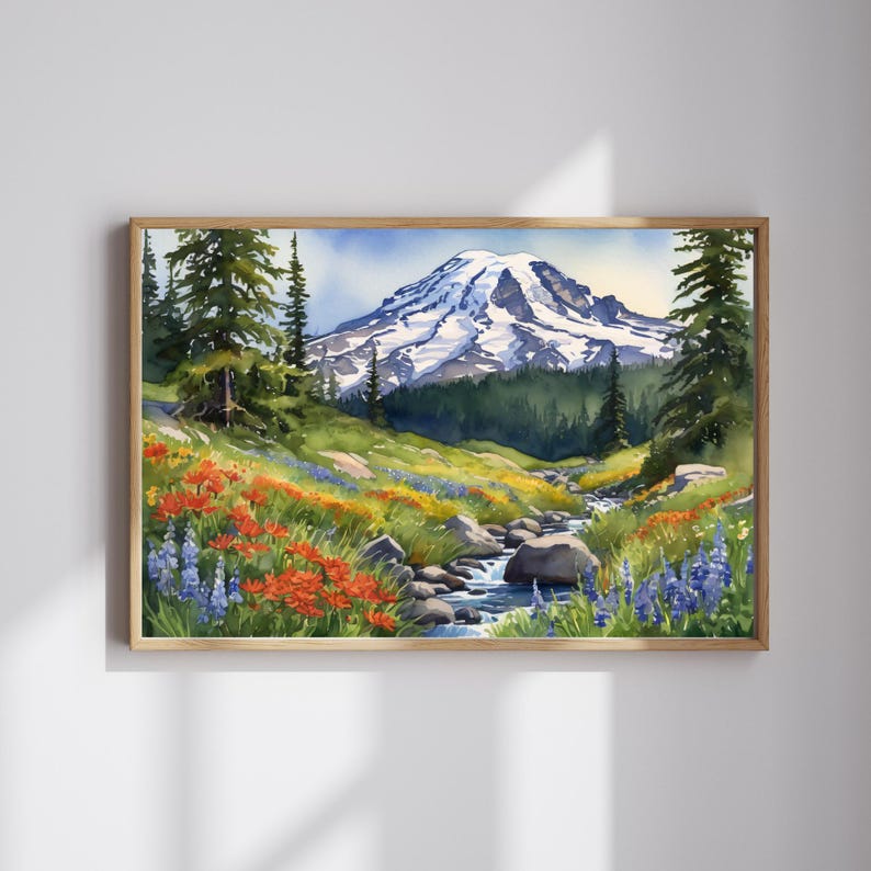 May include: Watercolor painting of a mountain range with a snow-capped peak, a stream flowing through a meadow with wildflowers in shades of red, orange, blue, and green.