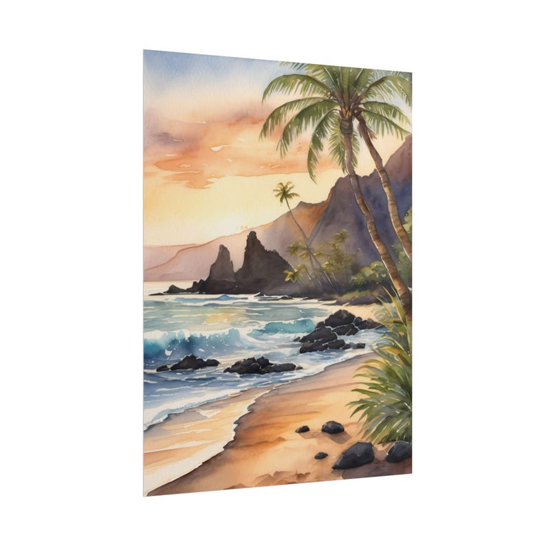 Maui Hawaii Watercolor Art Print, Tropical Beach Wall Decor, Hawaiian Seascape Painting, Palm Tree Landscape Poster, Coastal Sunset Print image 4