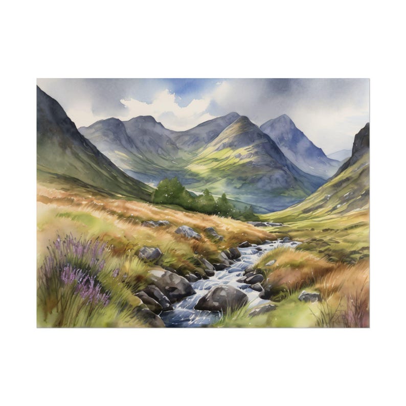 Acuarela de Glencoe, arte mural de Escocia, obra de arte de un arroyo de montaña, impresión de viaje de Glencoe, impresión de paisaje escénico, decoración del hogar imagen 1