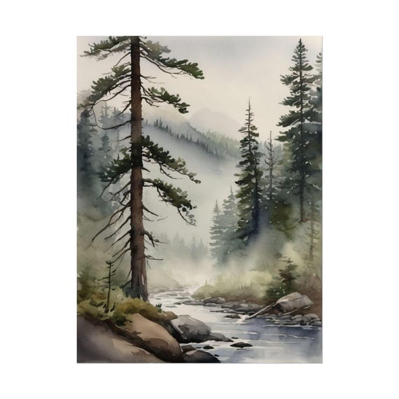 Mountain River Watercolor Painting, Pine Forest & Misty Landscape Art Print, Blue Green Wall Decor, Minimalist Nature Wall Art
