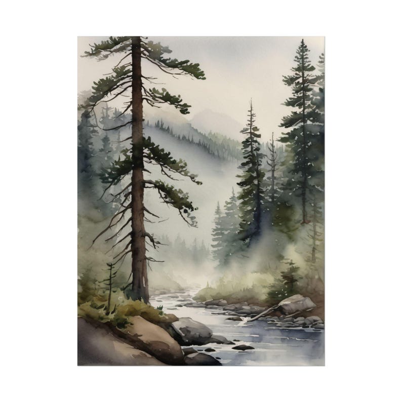 Mountain River Watercolor Painting, Pine Forest & Misty Landscape Art Print, Blue Green Wall Decor, Minimalist Nature Wall Art image 1
