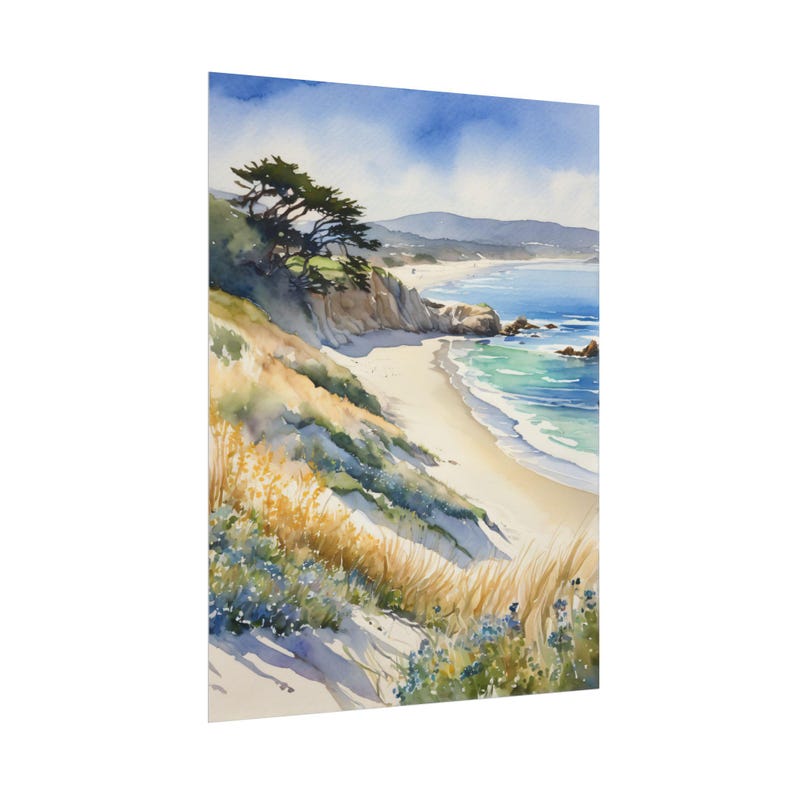 Carmel Beach Art Print, California Coast Landscape Painting, Pebble Beach Wall Art, Big Sur Watercolor, Coastal Decor, Travel Poster Bild 4