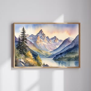 May include: Watercolor painting of a mountain range with a lake in the foreground. The mountains are a mix of purple, blue, and gray, with a hint of pink in the sky. The lake is a deep blue, reflecting the sky and mountains. There are trees on the left side of the painting, and a few trees on the right side.