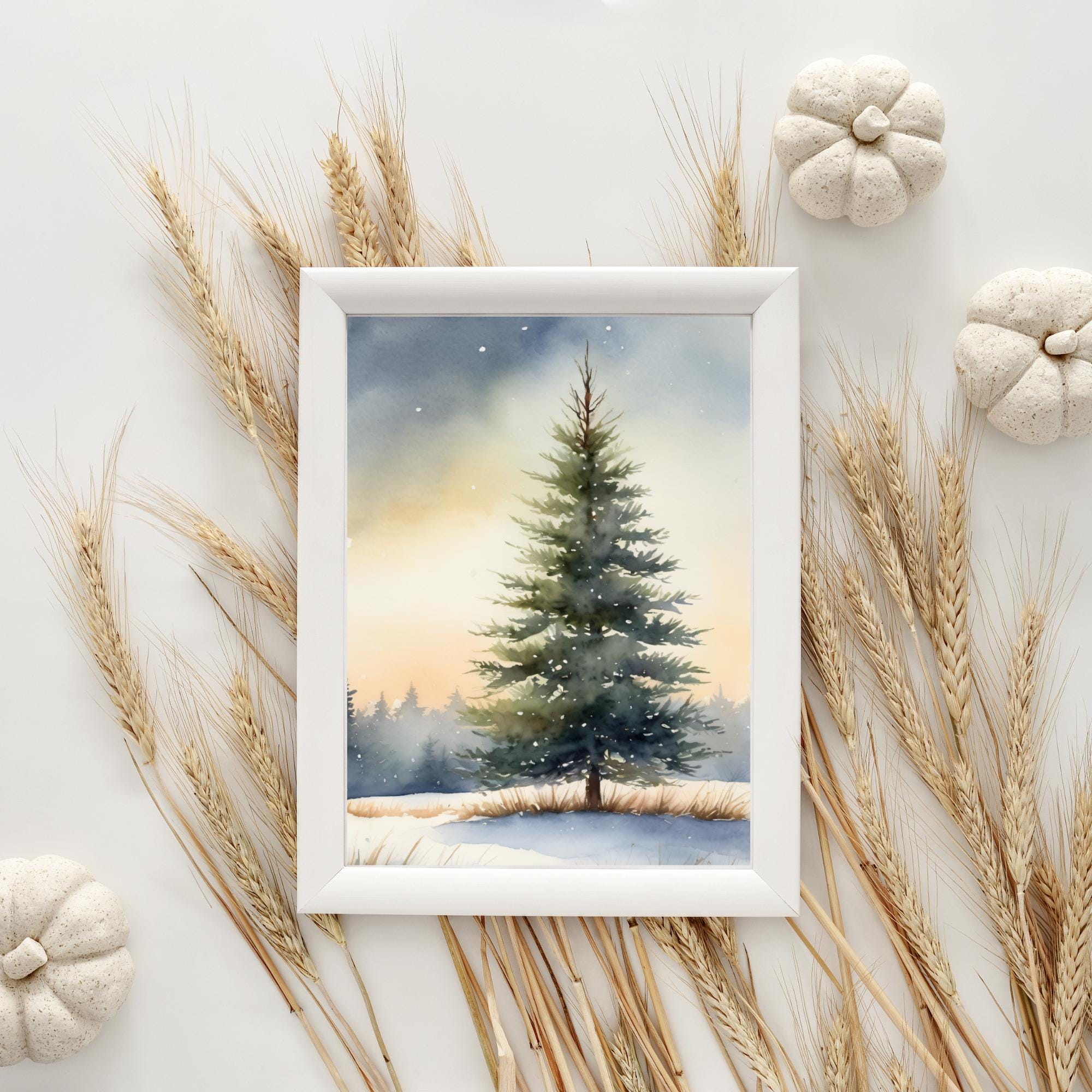 Snowy Pine Tree Watercolor Art Print, Winter Forest Landscape Painting ...