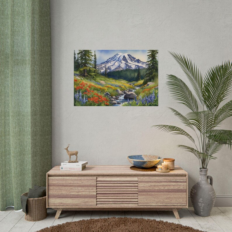 Mount Rainier Watercolor Art Print – National Park Landscape, River Mountain Painting, Washington Wall Decor, Wildflower Travel Poster, image 3