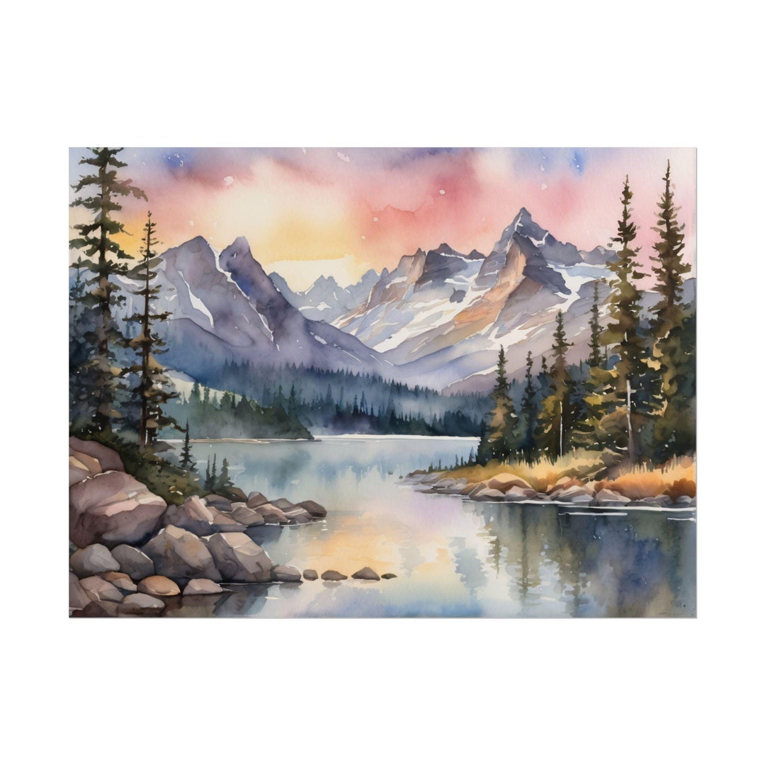 Rocky Mountain Lake Watercolor Art Print, Colorado Landscape, Mountain ...