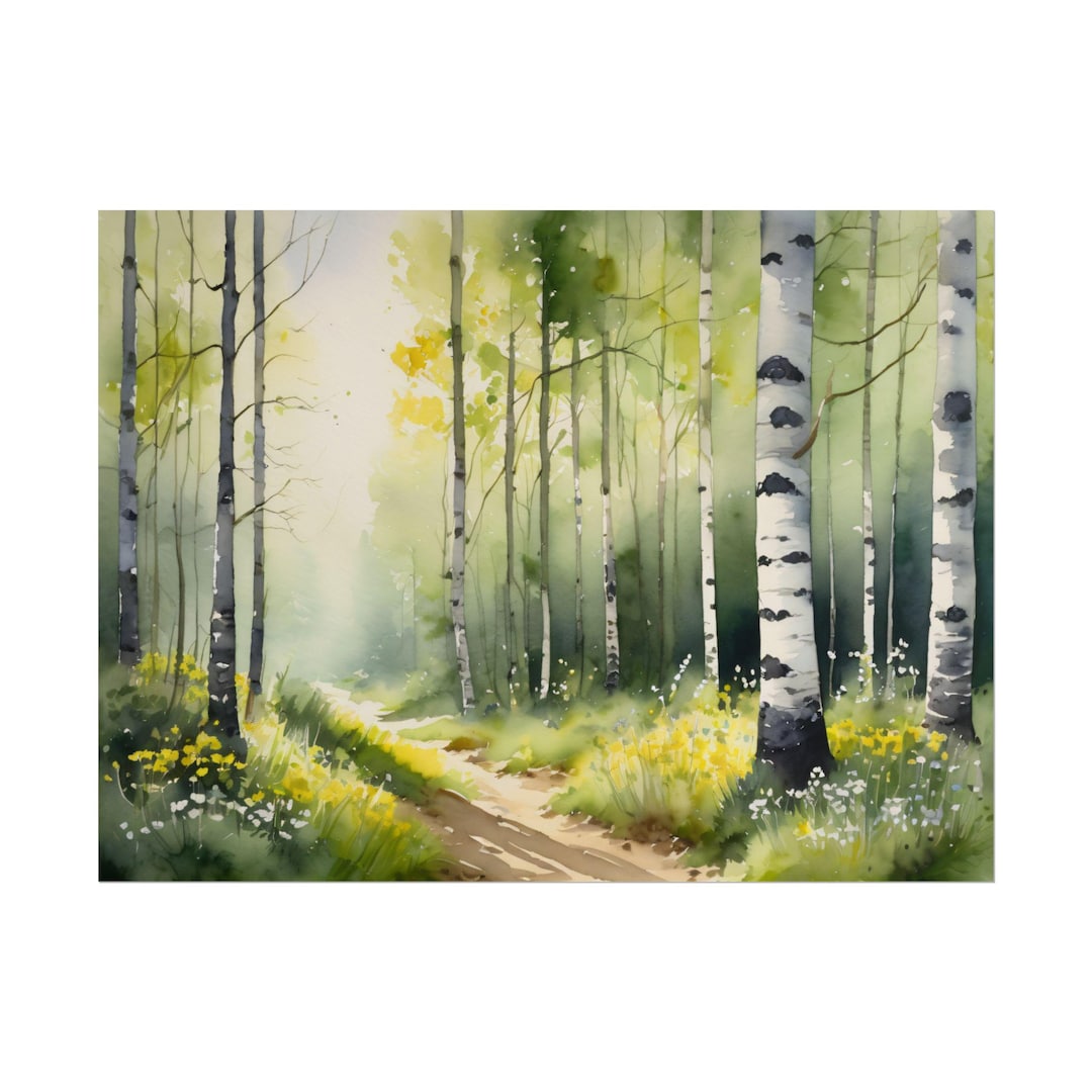Forest Path Watercolor Art Print, Birch & Aspen Trees Painting, Nature ...