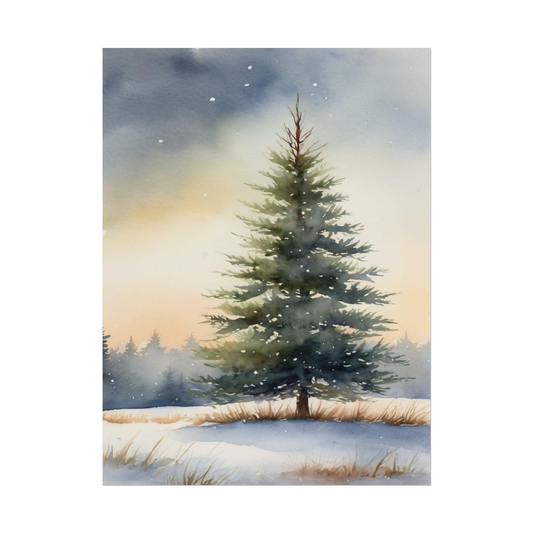 Snowy Pine Tree Watercolor Art Print, Winter Forest Landscape Painting ...