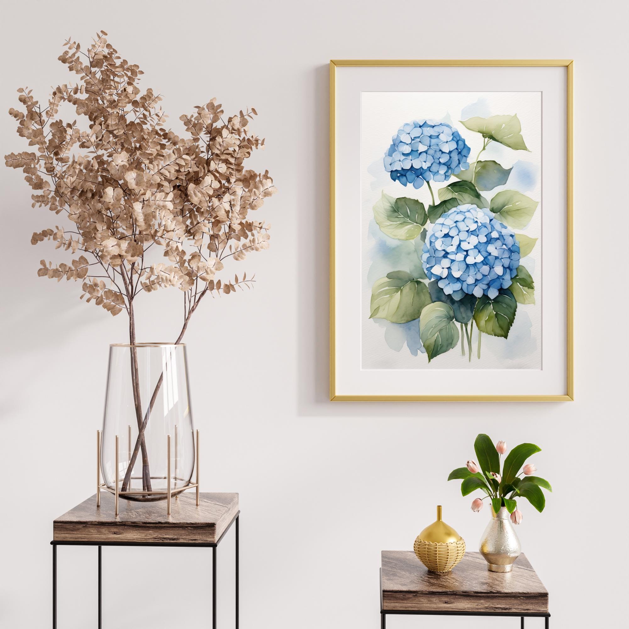 Hydrangea Watercolor Art Print, Blue Floral Botanical Painting, Garden ...