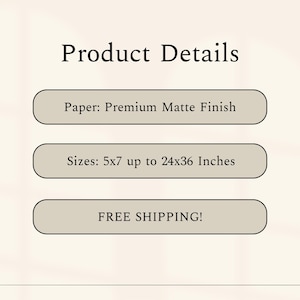 Op de afbeelding: Afbeelding met de tekst "Product Details". De tekst bevat "Paper: Premium Matte Finish" en "Sizes: 12,7x17,8 cm tot 61x91,4 cm". De afbeelding bevat ook de tekst "FREE SHIPPING!"