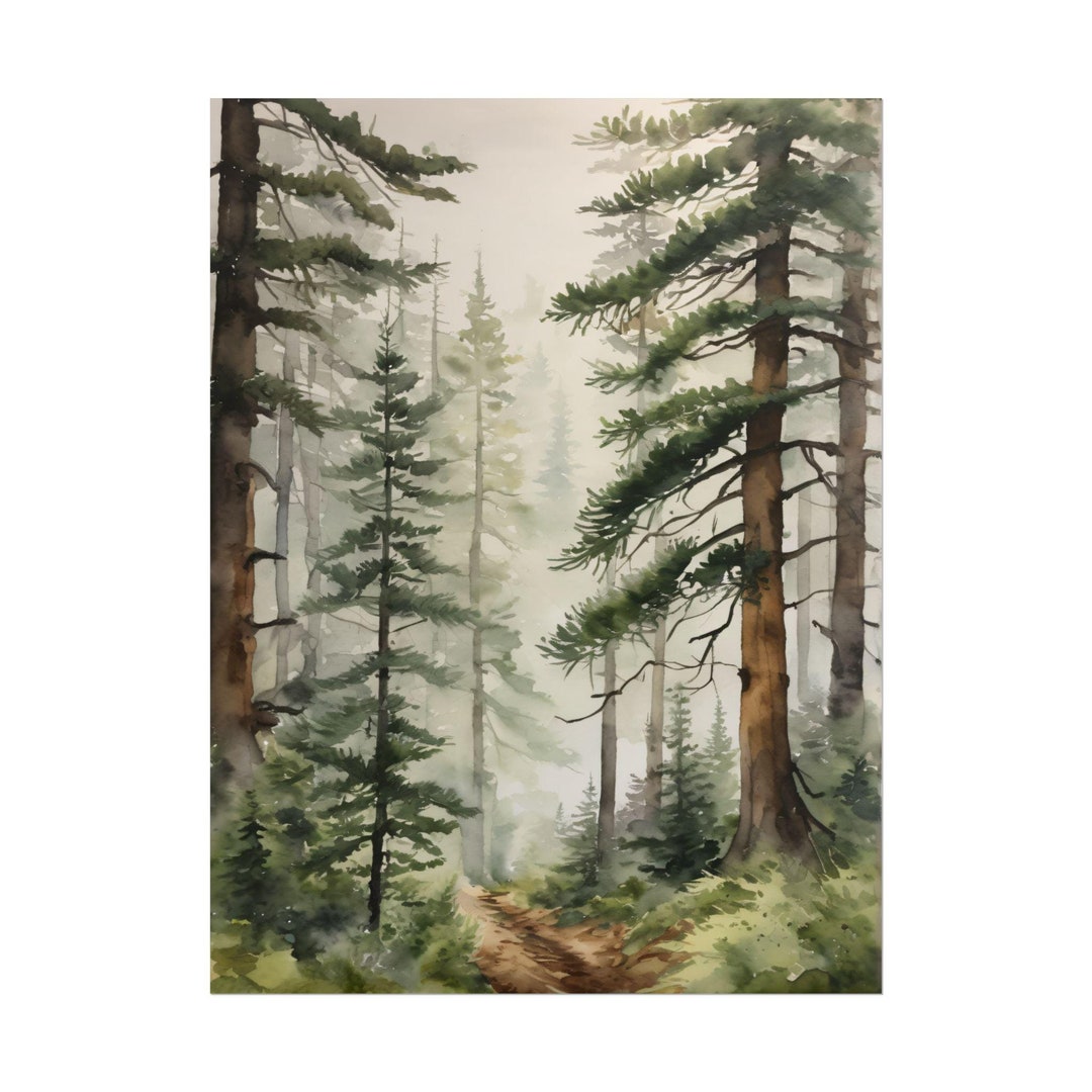 Watercolor Foggy Pine Forest Print – Misty Woodland Landscape Painting ...