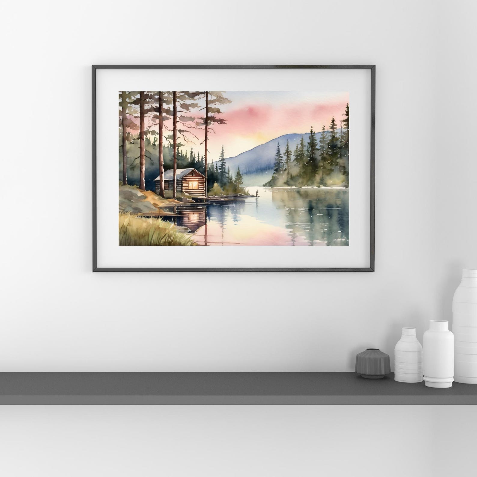 Forest Cabin Watercolor Print – Lake Tahoe Wall Art, Mountain Landscape ...