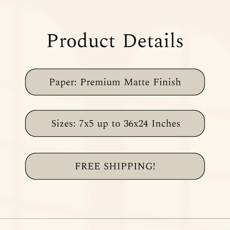 May include: Product details for prints: Premium matte finish paper, sizes from 7x5 inches to 36x24 inches, free shipping.