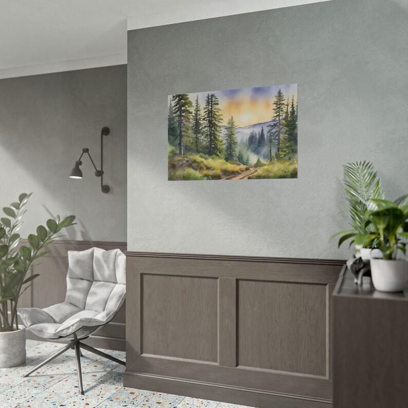 Idaho Forest Painting, Pine Watercolor Art Print, Misty Landscape Wall Art, Evergreen Trees Artwork, National Park Art, Nature Wall Decor afbeelding 5