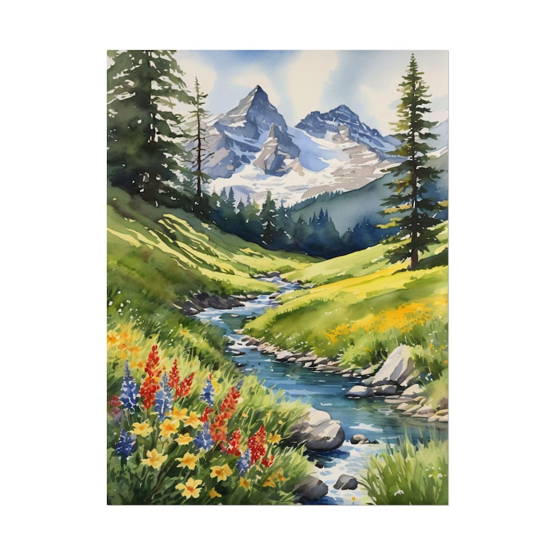 Watercolor Swiss Alps Print – Switzerland Mountain Stream Painting, Scenic River Landscape Poster, European Travel Art, Alpine Wall Decor afbeelding 1