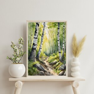 Forest Path Watercolor Art Print, Birch & Aspen Trees Painting, Nature ...