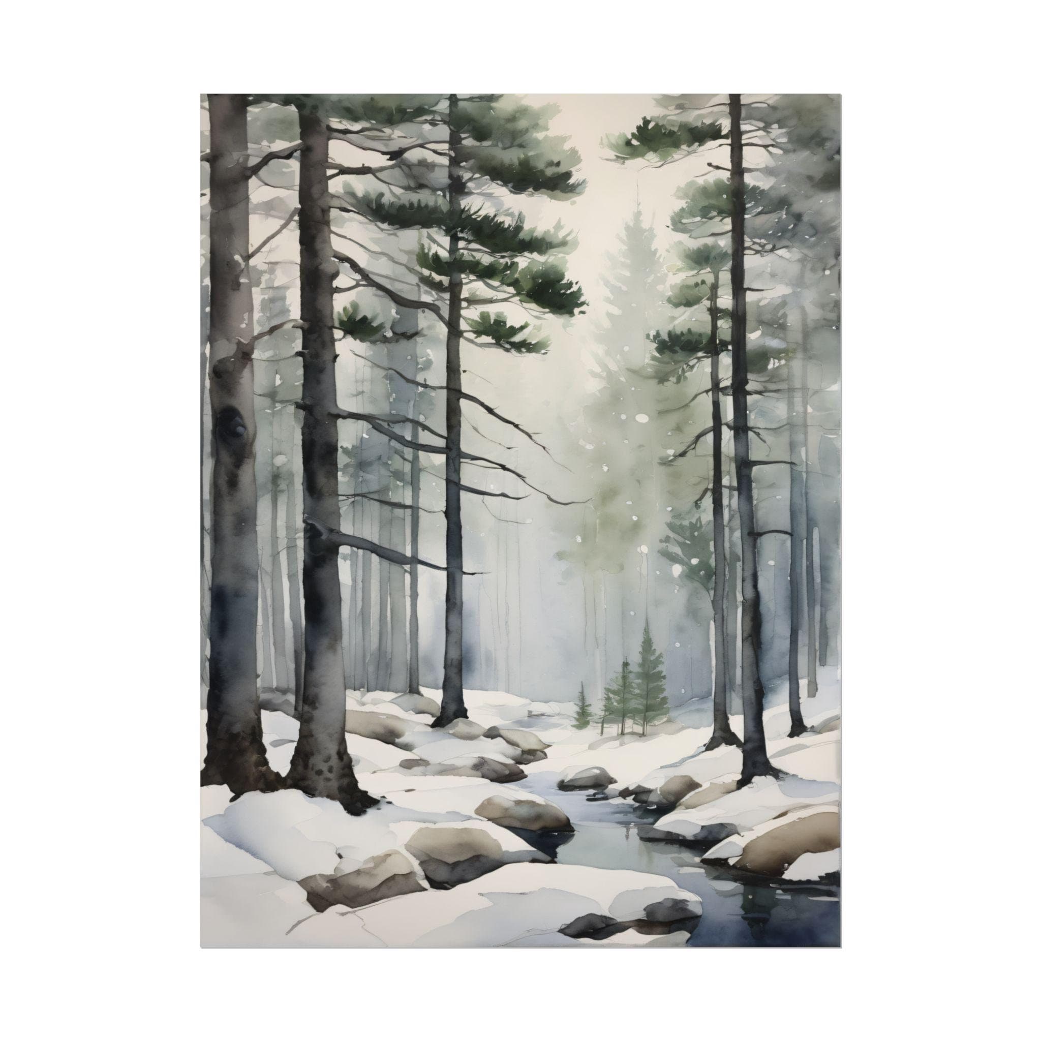 Winter Forest Creek Painting – Snowy Pine Trees Watercolor Print ...
