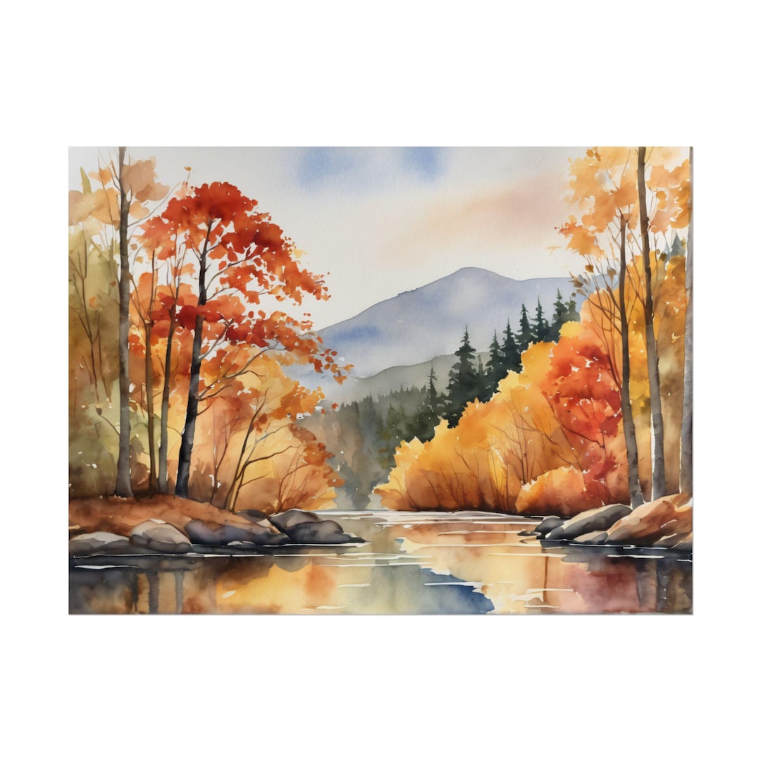 Fall River Watercolor Art Print, Autumn Forest Landscape Painting ...