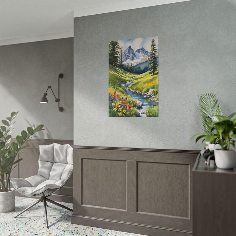 Watercolor Swiss Alps Print – Switzerland Mountain Stream Painting, Scenic River Landscape Poster, European Travel Art, Alpine Wall Decor afbeelding 7