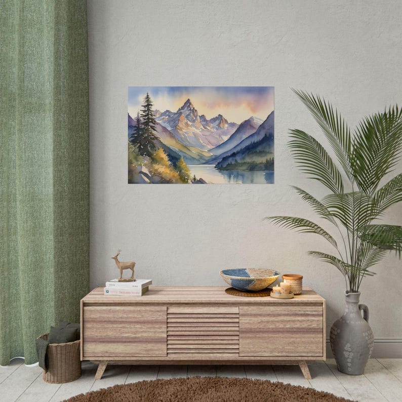 Watercolor Swiss Alps Print – Switzerland Mountain Lake Painting, Scenic Pine Landscape Poster, European Travel Art, Alpine Wall Decor image 3