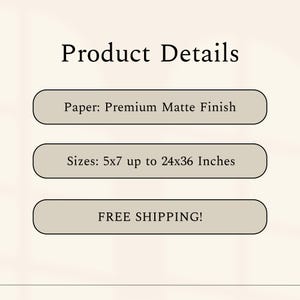 Op de afbeelding: Productdetails voor prints: Premium mat papier, formaten van 5x7 tot 24x36 inch, en gratis verzending.
