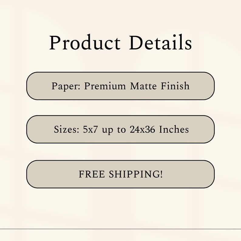 Op de afbeelding: Productdetails voor prints: Premium mat papier, formaten van 5x7 tot 24x36 inch, en gratis verzending.