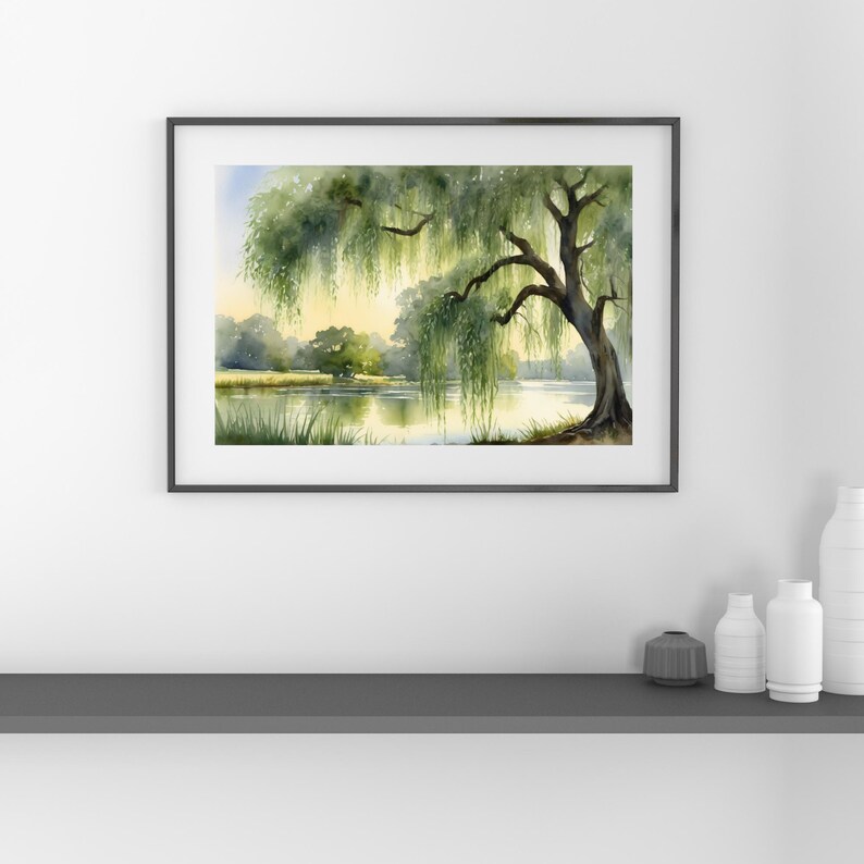 Willow Tree Watercolor Art Print, Lakeside Landscape Painting, Weeping ...