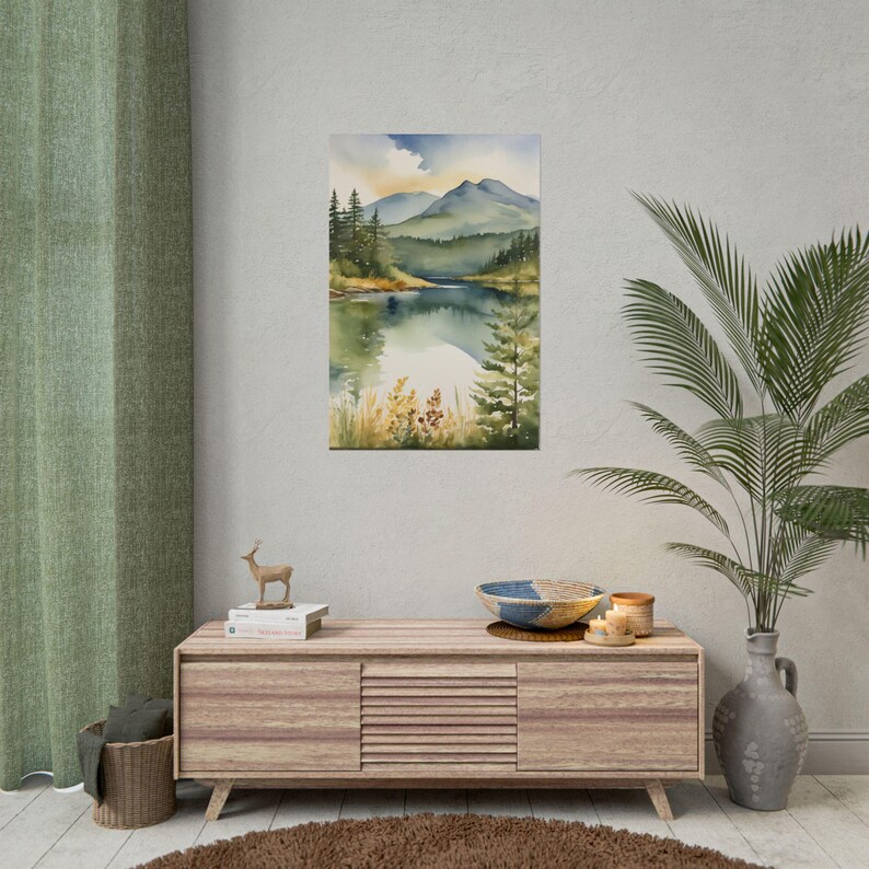Adirondack Mountains Painting, Scenic Lake Reflection Print, New York Forest Watercolor Landscape Wall Decor, Serene Autumn Wall Art afbeelding 3