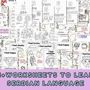 May include: A set of 74+ black and white Serbian language worksheets, featuring numbers, colours, and emotions. Each worksheet includes illustrations and Serbian text. The title "74+ WORKSHEETS TO LEARN SERBIAN LANGUAGE" is visible at the bottom of the image.
