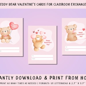 Tarjetas de San Valentín con ositos de peluche para imprimir / Lindas tarjetas de San Valentín para niños y adolescentes / Descarga instantánea / 8 tarjetas imprimibles (DIY)