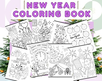 May include: A collection of New Year coloring book pages with festive illustrations. The pages feature designs of balloons, gifts, fireworks, clocks, and ornaments. The text "NEW YEAR COLORING BOOK" is at the top.