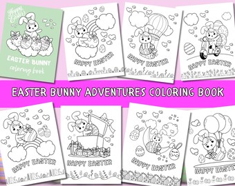 May include: A coloring book featuring black and white illustrations of Easter bunnies with the text "Happy Easter" and "Easter Bunny Coloring Book".