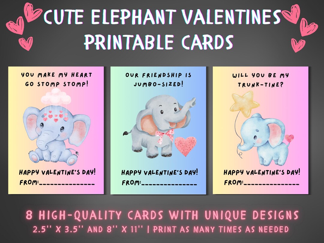 Cute Elephant Valentine’s Day Cards for Kids | Printable Classroom ...