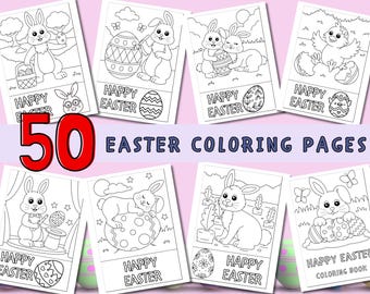 May include: A set of 50 black and white coloring pages featuring bunnies, chicks, and eggs. The pages are titled "Happy Easter" and include various Easter-themed illustrations.