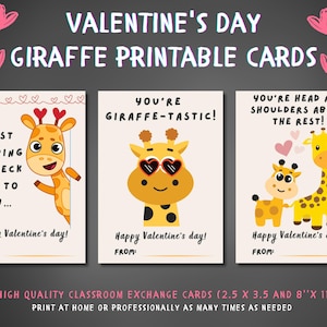 Lustige Giraffe Valentinstag Karten für Kinder | Klassenzimmer-Austausch-Drucksachen | 2,5 "x 3,5" & 8 "x 11" | Niedliche Tier Wortspiele