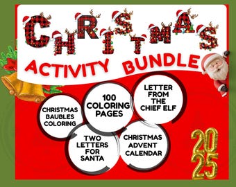 May include: A festive Christmas Activity Bundle with the word "Christmas" in a plaid pattern with Santa hats. Includes coloring pages, letters to Santa, and an advent calendar. A Santa Claus graphic is on the right.