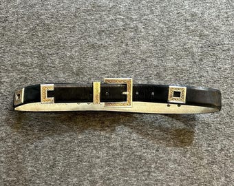 Vintage JG Hook Black Leather Belt Women's Silver Gold Buckle and Accents S/M