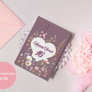 Carte d'anniversaire Sweet 16 fleurs sauvages, carte imprimable Sweet 16, carte étape, carte petite-fille, carte 16e anniversaire, téléchargement numérique