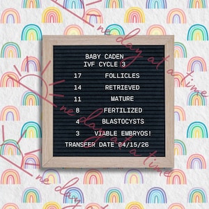 May include: A black letter board with white letters spelling out "BABY CADEN IVF CYCLE 3 17 FOLLICLES 14 RETRIEVED 11 MATURE 8 FERTILIZED 4 BLASTOCYSTS 3 VIABLE EMBRYOS! TRANSFER DATE 04/15/26". The letter board is surrounded by a white background with a repeating pattern of colourful rainbow arches.