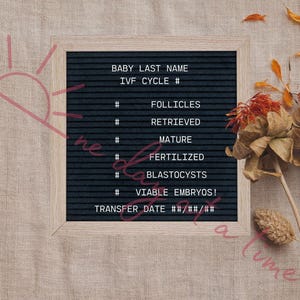 Op de afbeelding: Een zwart letterbord met witte letters die "BABY LAST NAME", "IVF CYCLE #", "# FOLLICLES", "# RETRIEVED", "# MATURE", "# FERTILIZED", "# BLASTOCYSTS", "# VIABLE EMBRYOS!" en "TRANSFER DATE ##/##/##" spellen.