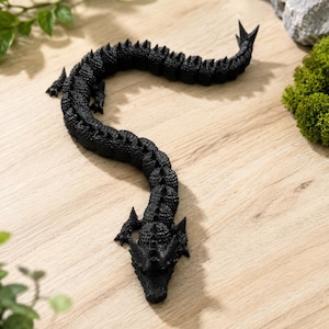 May include: A black articulated dragon figurine with a textured, scaly surface and sharp spikes along its back. The creature features a long, segmented body that curves in an S-shape, a detailed head with prominent horns, and small limbs.