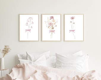 Arte de pared para habitación de bebé niña con flores silvestres y lazos